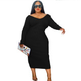 Casual Fashion Round Neck Ribbed Solid Color Women 's Plus Size Long Dress