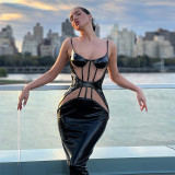 Autumn And Winter Women 's Fashion Suspenders Sexy Low-Cut See-Through Slim Slit Pu Dress For Women