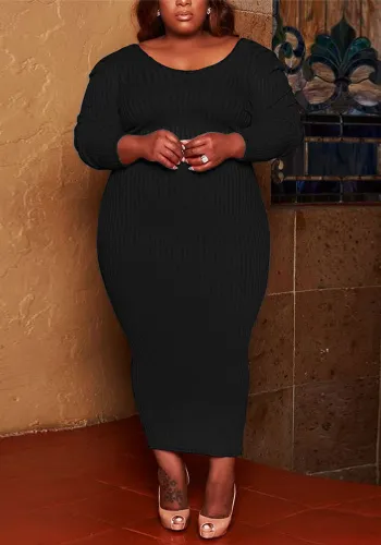 Casual Fashion Round Neck Ribbed Solid Color Women 's Plus Size Long Dress