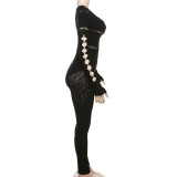 Women Sexy Hollow Knitting Jacquard High Waist Long Sleeve Jumpsuit
