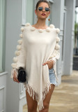 Autumn And Winter Tassel Cape Shawl Ball Round Neck Pullover Solid Color Knitting Shirt For Women