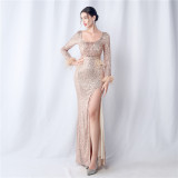 Dinner Party Wedding Sequined Long-Sleeved Evening Dress