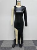 Sexy Slim Fit Tight Fitting Slit One Sleeve Leather Dress