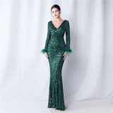 V-Neck Feather Long-Sleeved Sequined Evening Dress