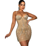 Women Sexy Mesh Beaded Tassel Strap Dress