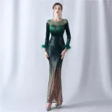 Women Gradient Beaded Velvet Evening Dress
