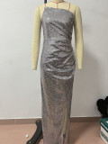 Women sequin zipper slit dress