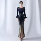Women Gradient Beaded Velvet Evening Dress
