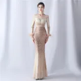 Women Gradient Beaded Velvet Evening Dress