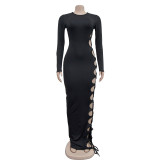 Fashion Women 's Solid Color Round Neck Sexy Maxi Dress