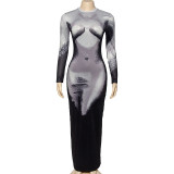 Fashionable Body Print Round Neck Long Sleeve High Waisted Bodycon Slim Fit Long Dress