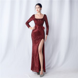 Sequined Long-Sleeved Evening Gown