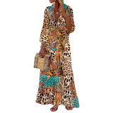 Plus Size Women Deep V Neck Leopard Print Patchwork Maxi Dress
