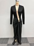 Sexy Solid Color Large Neckline Slit Long-Sleeved Dress