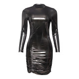 Women Solid Round Neck Long Sleeve Gathered Sexy Bodycon Mini Dress