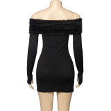 Women Solid Long Sleeve Off Shoulder Patchwork Furry Sexy Mini Dress