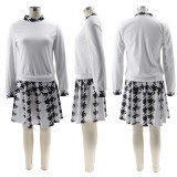 Women Casual Houndstooth Print Long Sleeve Top and Mini Skirt Two-piece Set
