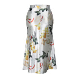 Plus Size Women Autumn High Waist Retro Print Elegant Bodycon Skirt