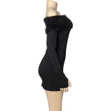 Women Solid Long Sleeve Off Shoulder Patchwork Furry Sexy Mini Dress