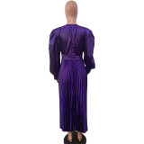 Women waisted loose long sleeve pleated dress