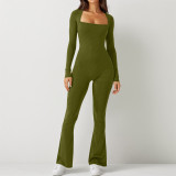 Women 's Autumn And Winter Ribbed Square Neck Slim Fit Wide Leg Casual Sports Jumpsuit