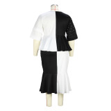 Plus Size Women Black and White Contrast Patchwork Beaded Top and Mermaid Skirt Two-piece Set