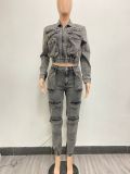 Women Stretch Washed Denim Cargo Top and Pant Casual Two-piece Set