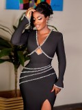 Women Solid sexy v-neck hollow long-sleeved sequined slit dress