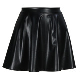 Plus Size High Waist Slim A-line Pleated Pu Leather Skirt