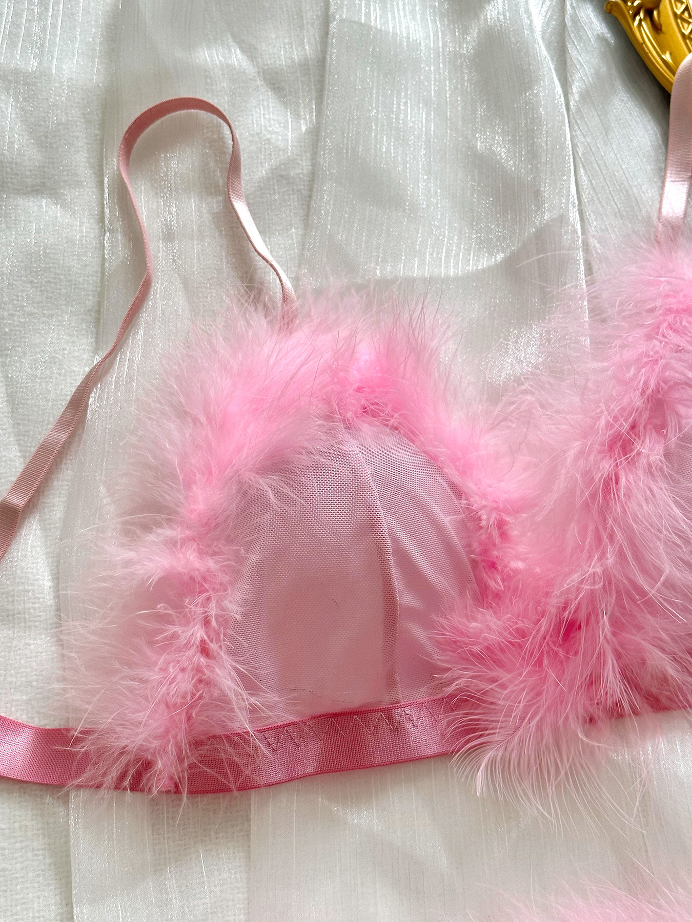 Sexy lingerie pink plush straps pure bra sexy temptation thong set - The  Little Connection