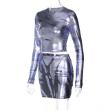 Women's Autumn and Winter Metallic Abstract Print Long Sleeve Top Sexy Tight Fitting Bodycon skirt set