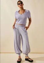 Women autumn V-neck knitting Crop Top and Casual bloomers two-piece set