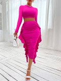 Autumn and winter fashionable and sexy women's solid color Round Neck Open Waist long-sleeved ruffle skirt two piece set
