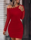 Autumn and Winter Solid Color Lace Patchwork Off Shoulder Tight Fitting Sexy Long Sleeve Bodycon Dress for Women
