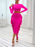 Autumn and winter fashionable and sexy women's solid color Round Neck Open Waist long-sleeved ruffle skirt two piece set