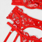 Women flower embroidered hollow sexy lingerie four-piece set