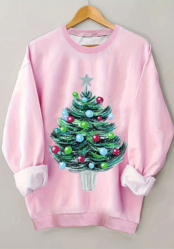 Christmas Tree Print Round Neck Loose Pullover Women's Casual Tops