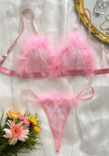 Sexy lingerie pink plush straps pure bra sexy temptation thong set