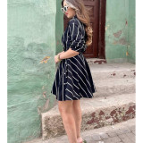 Women fashionable black and white striped print long sleeve dress
