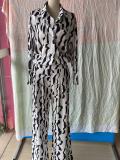 Women's Fashion Print Turndown Collar Long Sleeve Casual Shirt High Waist Straight Pants Set