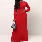 Elegant Women's Spring Autumn Fashion Red Round Neck Long Dress