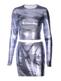 Women's Autumn and Winter Metallic Abstract Print Long Sleeve Top Sexy Tight Fitting Bodycon skirt set