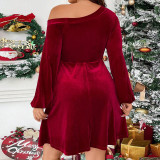Christmas Plus Size Women's Chic Sexy Off Shoulder Long Sleeve Velvet Slim Waist A-Line Dress