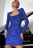 Autumn and Winter Women's Dress Elegant Chic Slim Long Sleeve Bodycon High Waist Tight Fitting Blue dress