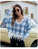 Women Loose V-Neck Tassel Crop Sweater
