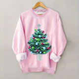 Christmas Tree Print Round Neck Loose Pullover Women's Casual Tops