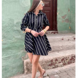 Women fashionable black and white striped print long sleeve dress