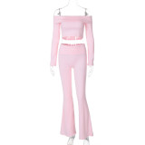 Women Off Shoulder Long Sleeve Top And Bell Bottom Pants Two-piece Set