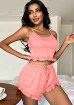 Women Sexy Ribbed Tank Cross Lace-Up Suspender Top and Shorts Pajama Two Piece Set