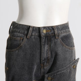 Autumn Street Trend Button Irregular Denim Pants High Waist Slim Fit Jeans